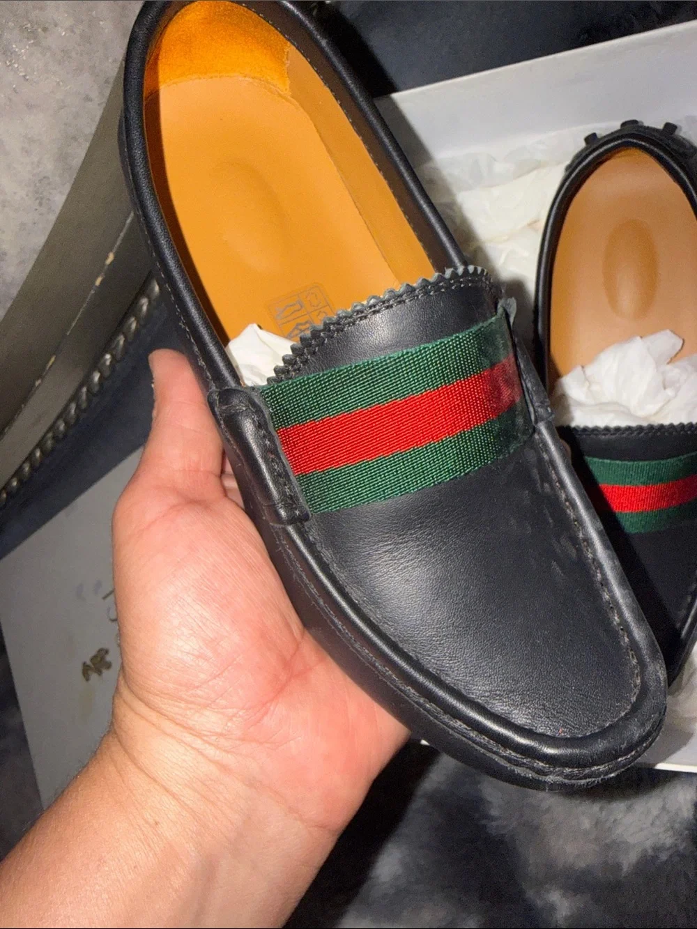 Black Leather Gucci Kids  Slip-On Loafers with Green & Red Webbing